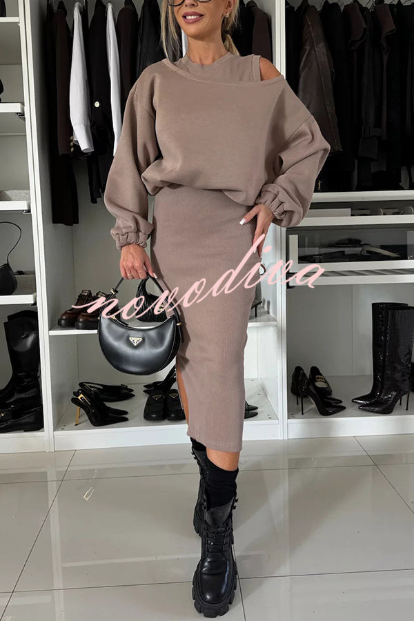 Lifestyle Wide Neck Relaxed Sweatshirt and Ribbed Tank Stretch Midi Dress Set