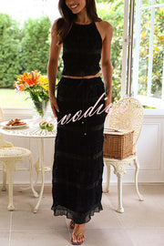 Feel Chic and Romantic Sequin Textured Material Back Elastic Halter Tie Tank and Drawstring Waist Tiered Maxi Skirt Set