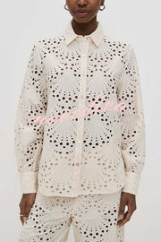 Lillah Embroidered Lace Shell Pattern Long Sleeve Loose Blouse