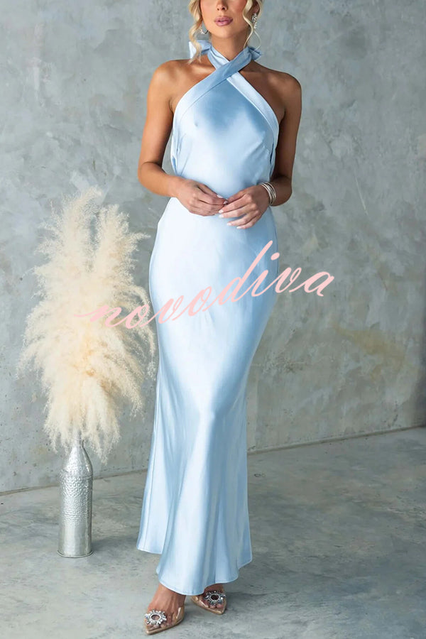 Satin Fashion Halter Backless Slim Elegant Maxi Dress