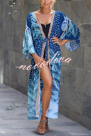 Unique Print Loose Lace Up Holiday Maxi Cover Up