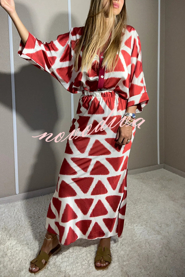 Harlen Satin Unique Printed Loose Shirt Top and Elastic Waist Maxi Skirt Set