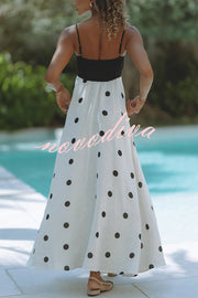 Alias Linen Blend Polka Dot Colorblock Back Smocked Pocket Slip Maxi Dress