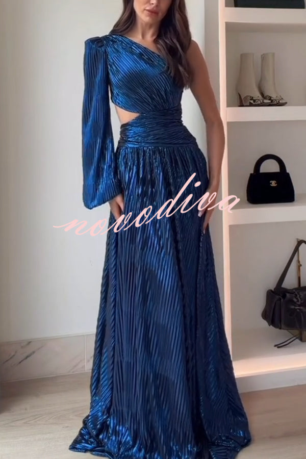 Dazzling Night Metallic Pleated One Shoulder Cutout Balloon Sleeve Gown Maxi Dress