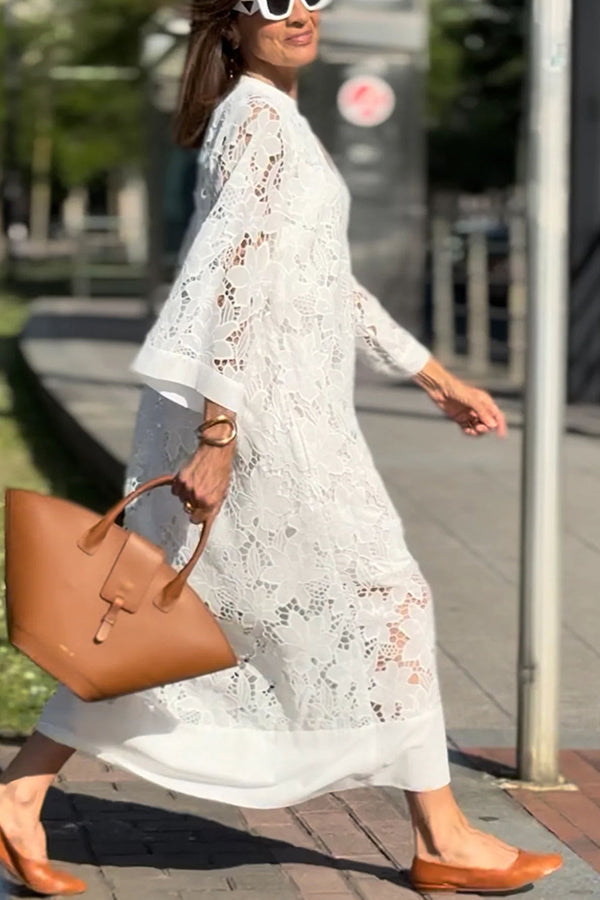 Confidence and Adventure Flower Lace V-neck Bell Sleeve Loose Midi Dress