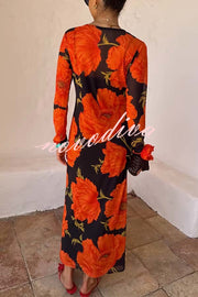 Perfect Cross-season Mesh Poppy Flower Print Long Sleeve Stretch Maxi Dress