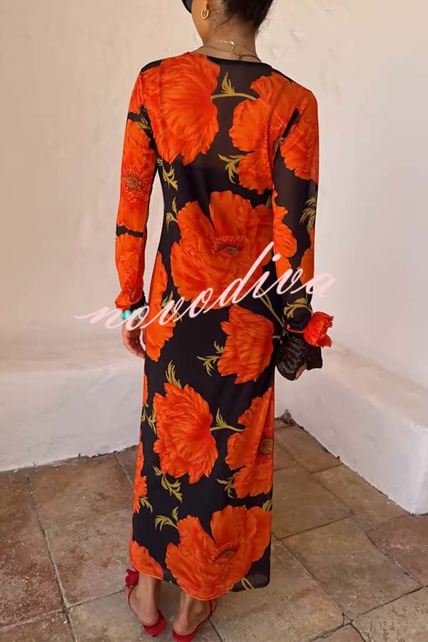 Perfect Cross-season Mesh Poppy Flower Print Long Sleeve Stretch Maxi Dress