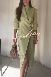 Elegant Look Linen Blend Stand Lapel Neck Half Sleeve Side Button Midi Dress