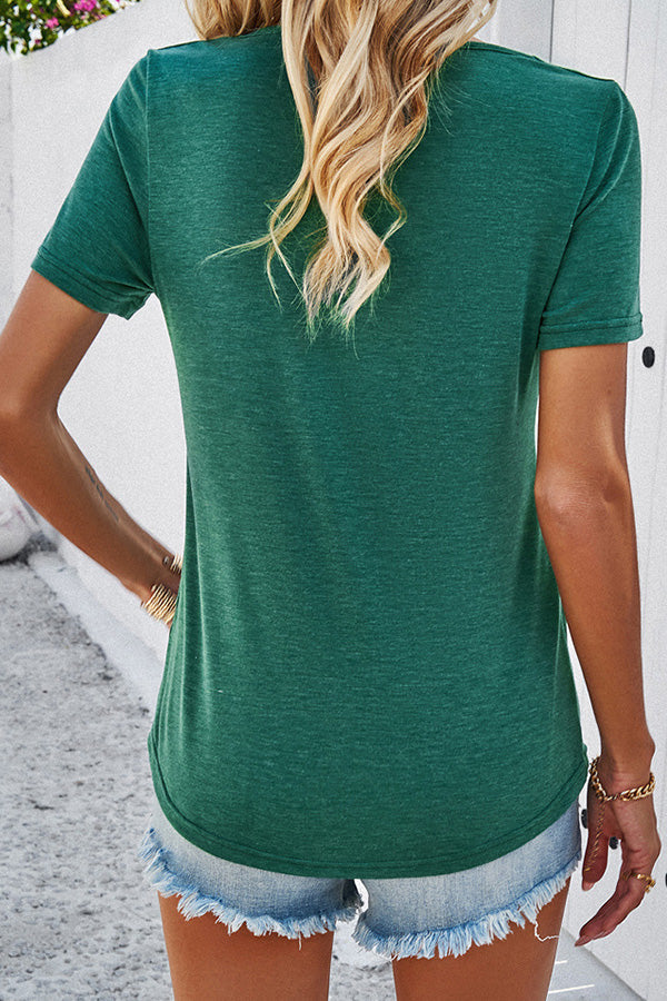 Casual Solid Color Short Sleeved V Neck Hollow T-Shirt