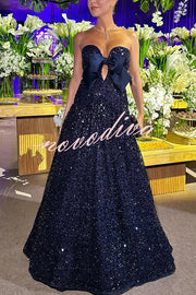 Sparkling Sky Sequin Satin Bow Detail Off Shoulder Prom Maxi Dress