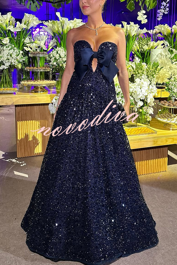 Sparkling Sky Sequin Satin Bow Detail Off Shoulder Prom Maxi Dress