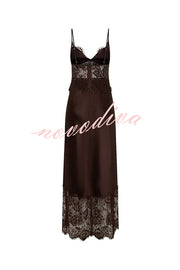 Elegant Evening Satin Lace Patchwork See-through Waist Slip Maxi Dress