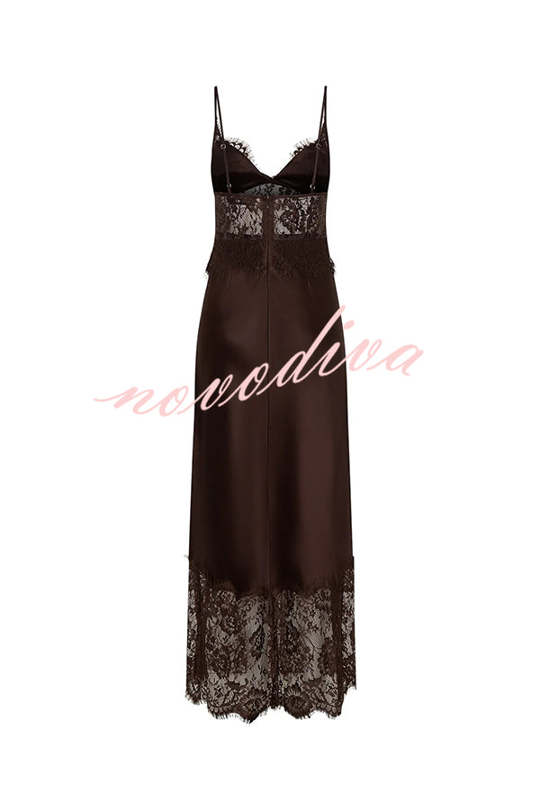 Elegant Evening Satin Lace Patchwork See-through Waist Slip Maxi Dress