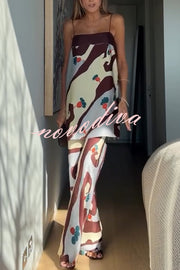 Loving Views Satin Unique Print a-line Tank and Elastic Waist Loose Pants Set