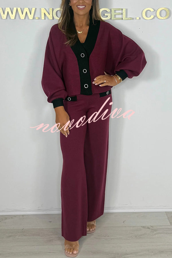 Fashion Contrast Color V-neck Loose Cardigan and Elastic Waist Casual Pants Set