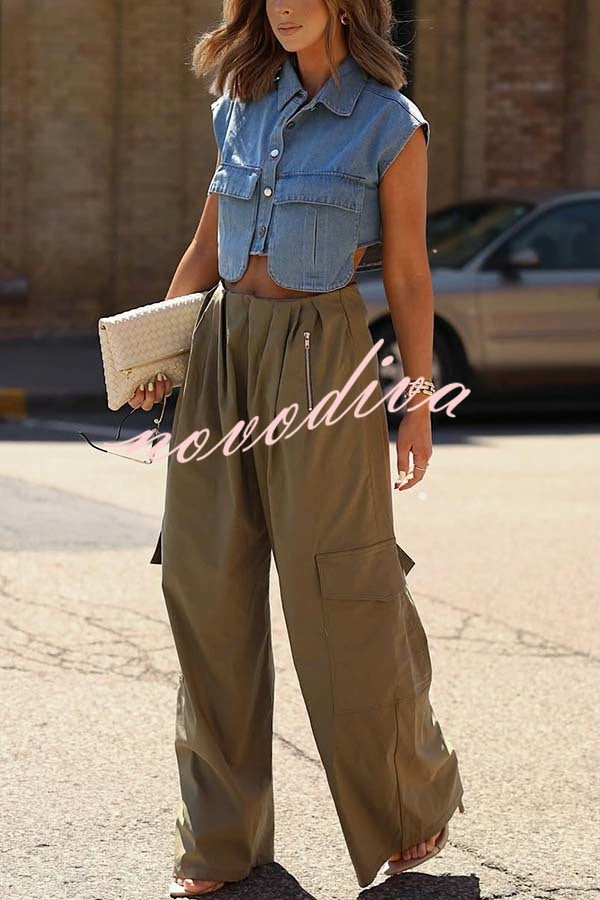 Great Week Pleated Elastic Waist Zipper Pocket Wide Leg Cargo Pants