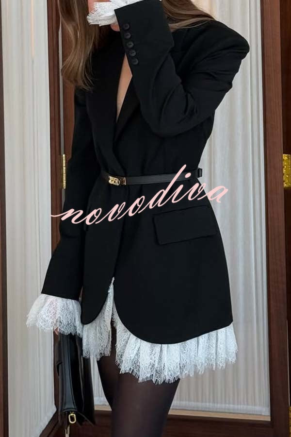 Cue The Chic Lace Trim Button Long Sleeve Lapel Blazer Mini Dress