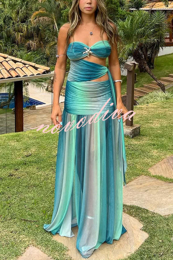 Soleil Mesh Printed Starfish Pendant Ruched Cutout Off Shoulder Maxi Dress