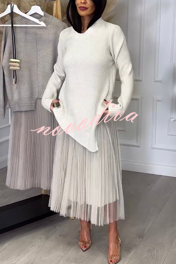 Jensine Ribbed Knit Irregular Loose Sweater and Pleated Tulle Tank Midi Dress Two-piece Set