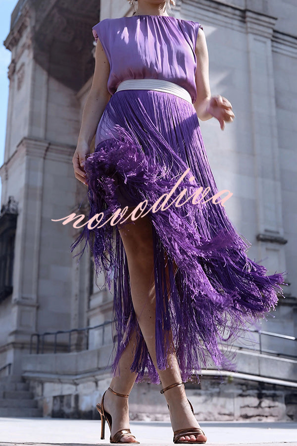 Elegant Tassel Hem Elastic Waist Casual Maxi Skirt