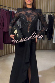 Fenna Sheer Floral Sequin Shoulder Pads Long Sleeve Drape Slit Maxi Dress