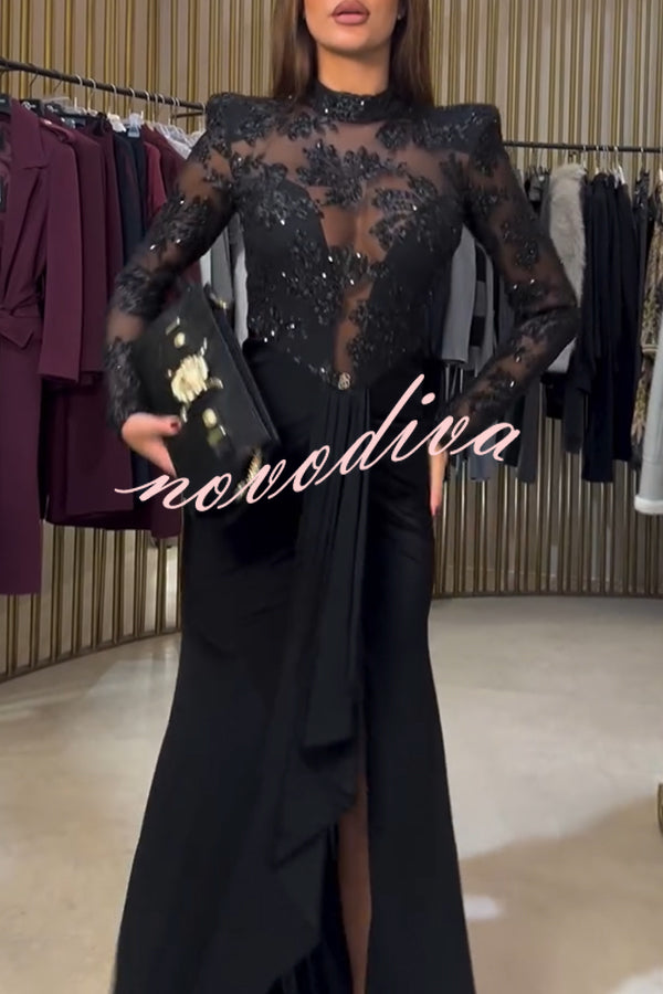 Fenna Sheer Floral Sequin Shoulder Pads Long Sleeve Drape Slit Maxi Dress