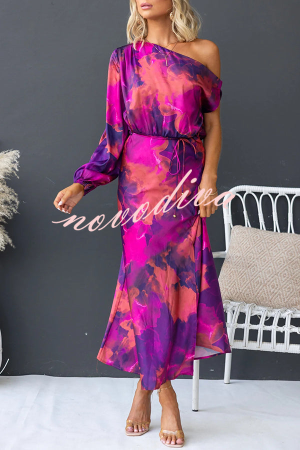 Winona Satin Floral Print One Shoulder Balloon Sleeve Tie-up Maxi Dress