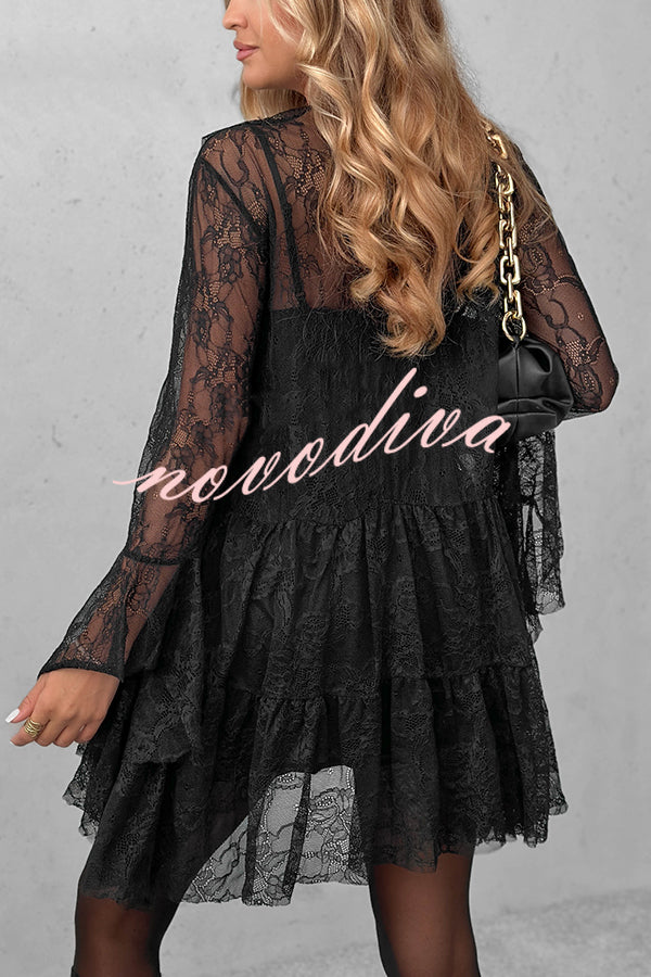 Feeling Lighthearted Lace Ruffle Neck Bell Sleeve Layered Hem A-line Mini Dress