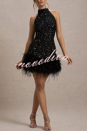 Dazzling and Playful Sequin High Neck Feather Trim Stretch Mini Dress