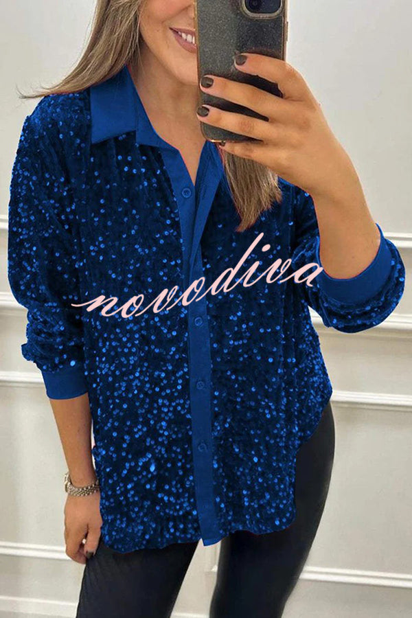 Fashion Velvet Sequined Loose Casual Long-sleeved Shirt