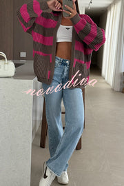Fashionable Patchwork Striped Casual Pocket Knitted Sweater