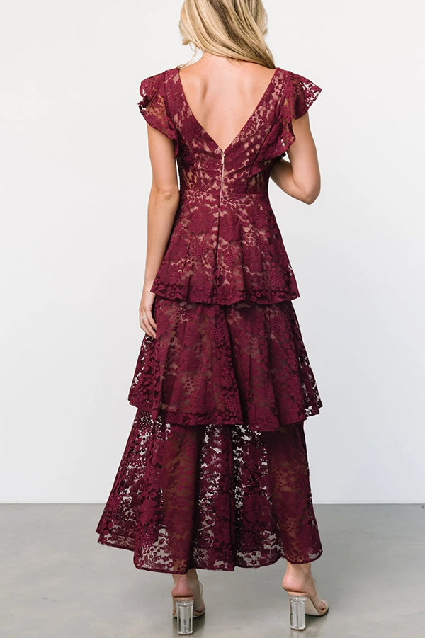 Solid V-neck Ruffled Sleeves Cinched Waist Maxi Dress