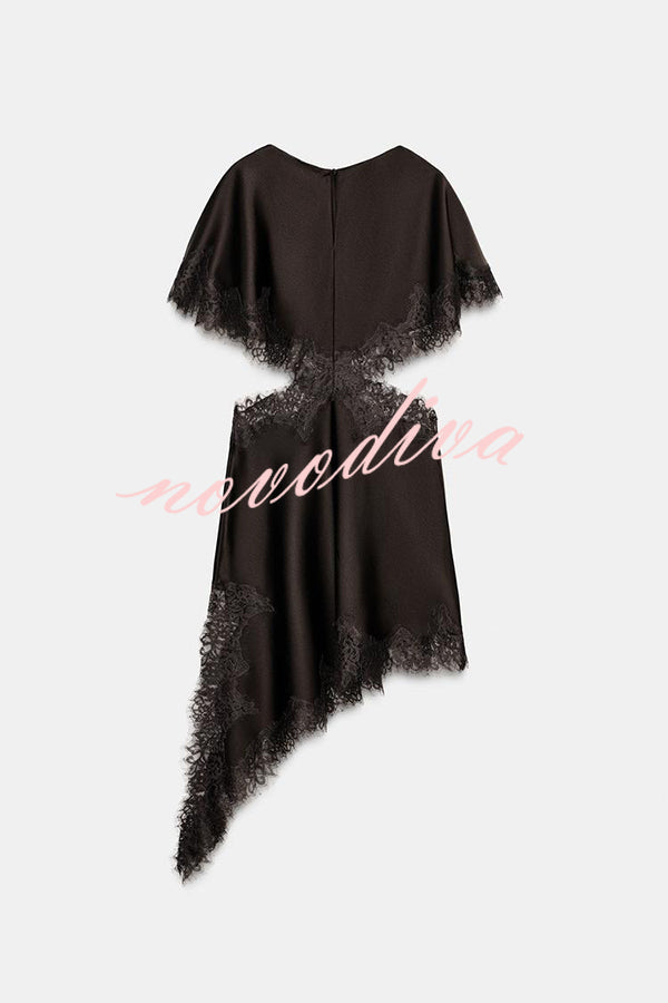 Jessica Satin Lace Trim Cape Sleeves Cutout Waist Asymmetrical Hem Midi Dress