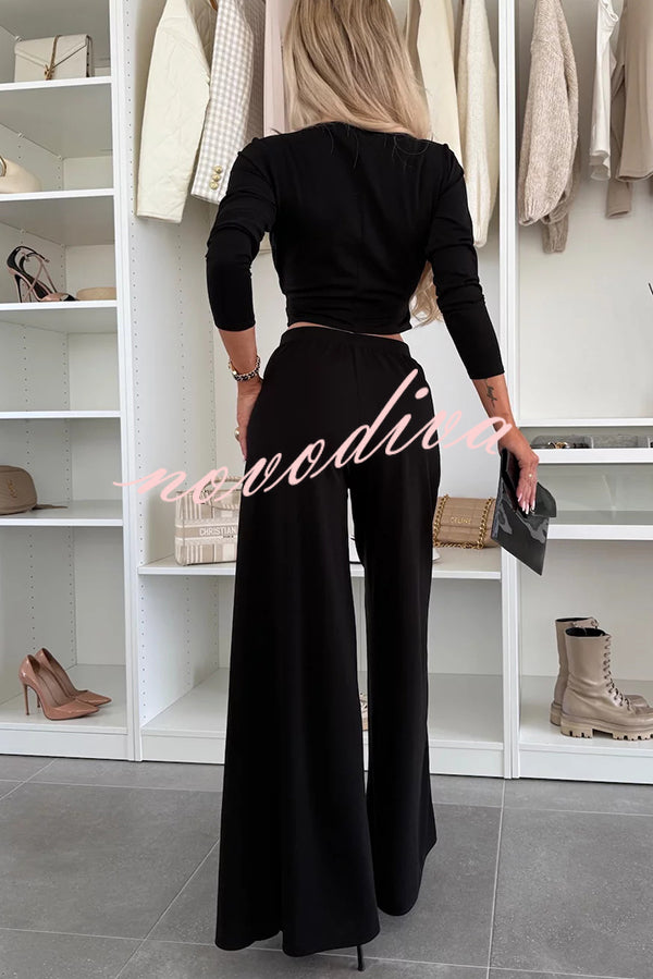 Solid Color Round Neck Long Sleeve Twist Crop Top and Elastic Waist Pocket Wide Leg Pants Set