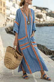 Striped Print V-Neck Casual Loose Pocket Maxi Dress