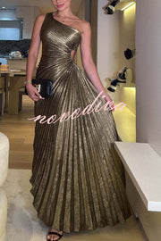 Midnight Kiss Metallic Fabric One Shoulder Cutout Pleated Maxi Dress