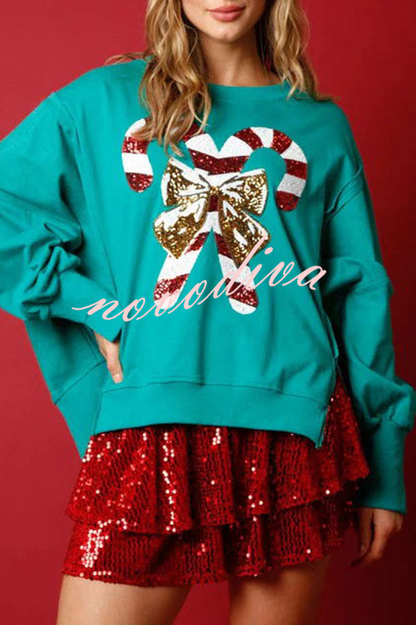 Candy Cane Lane Sequined Pullover Long Sleeved Sweatshirt