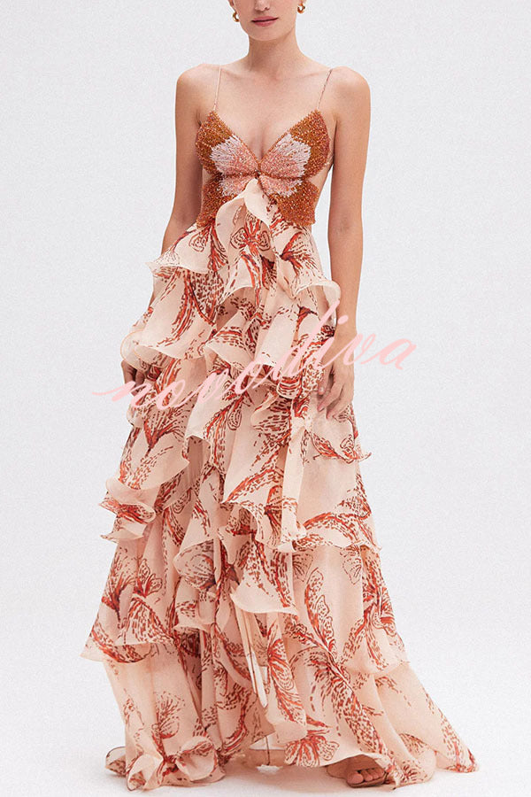 Ariae Butterfly Print Multi-layered Ruffles Backless Tie-up Maxi Dress