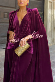 Olivienne Luxurious Velvet Padded Shoulders Slit Sleeve Lapel Midi Cape