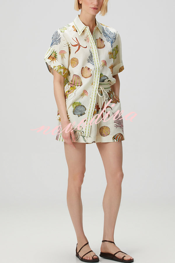 Beach Shell Print Short Sleeve Loose Shirt and Elastic Waist Tie Casual Pocket Shorts Set