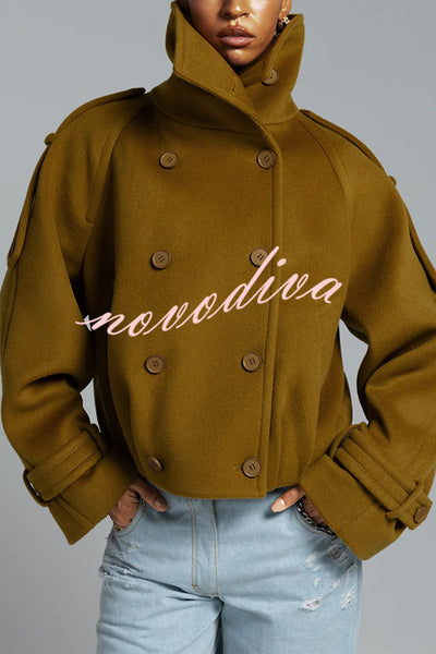 Ellie Epaulettes Stand Neck Double-Breasted Pocket Cropped Loose Woolen Coat