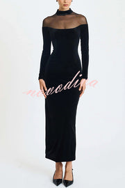Fashionable Velvet and Mesh Spliced long-sleeved Slim-fit Maxi Dress
