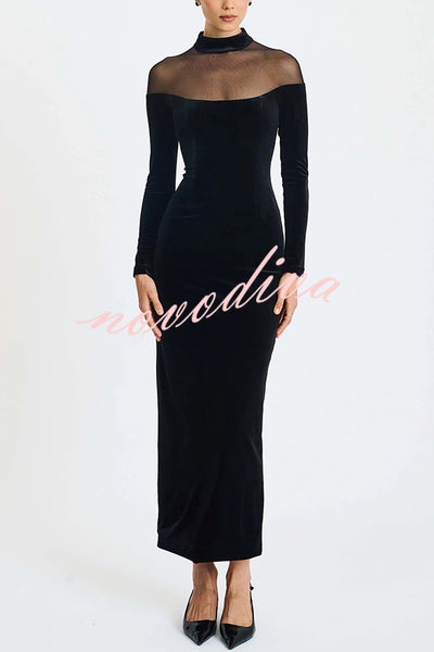 Fashionable Velvet and Mesh Spliced long-sleeved Slim-fit Maxi Dress