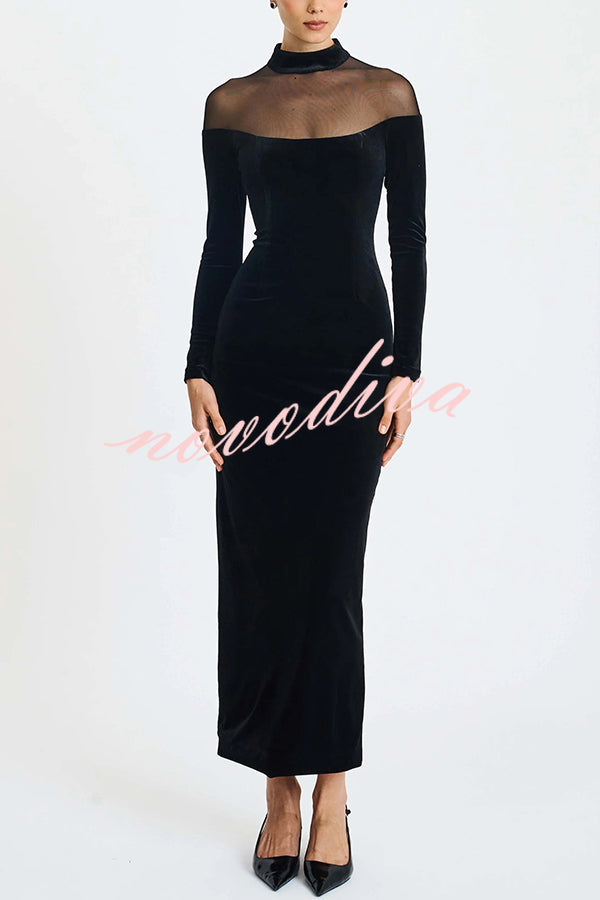 Fashionable Velvet and Mesh Spliced long-sleeved Slim-fit Maxi Dress