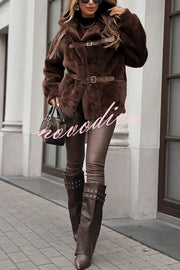 Chill Whispers Belt Buckle Design Long Sleeve Pocket Lapel Plush Coat
