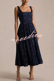 Effortless Sparkle Sequin Square Neck Wide Strap A-Line Midi Dress