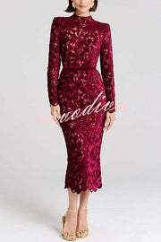 Diane Velvet Embroidered Floral Lace Long Sleeve Belt Scallop Edge Midi Dress