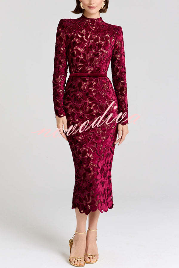 Diane Velvet Embroidered Floral Lace Long Sleeve Belt Scallop Edge Midi Dress