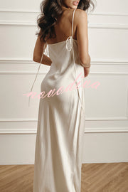 Breezy City Fall SatinLace Petal Trim Slip Tie-up H-line Slit Maxi Dress