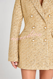 Heels Click Tweed Fabric Pearl Button Long Sleeve Lapel Blazer Mini Dress